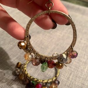 Pair of Gold Hoop Dangle Multi-color Bead Earrings